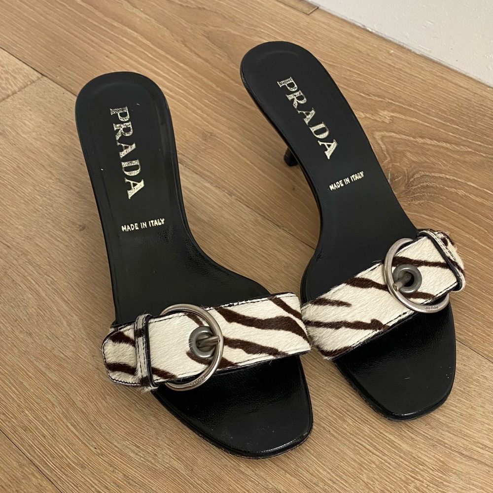 Vintage Prada Kitten Heels with White and Brown Zebra-Print Strap